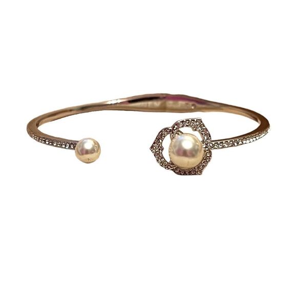 Rhinestone Pearl Silver Tone Clamper Bracelet - Picture 1 of 5